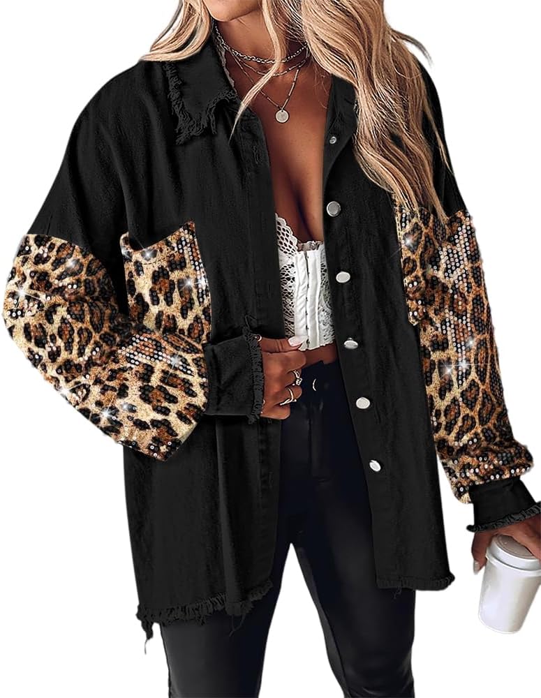 Oversized Sequin Patchwork Denim Shacket for Women 2025