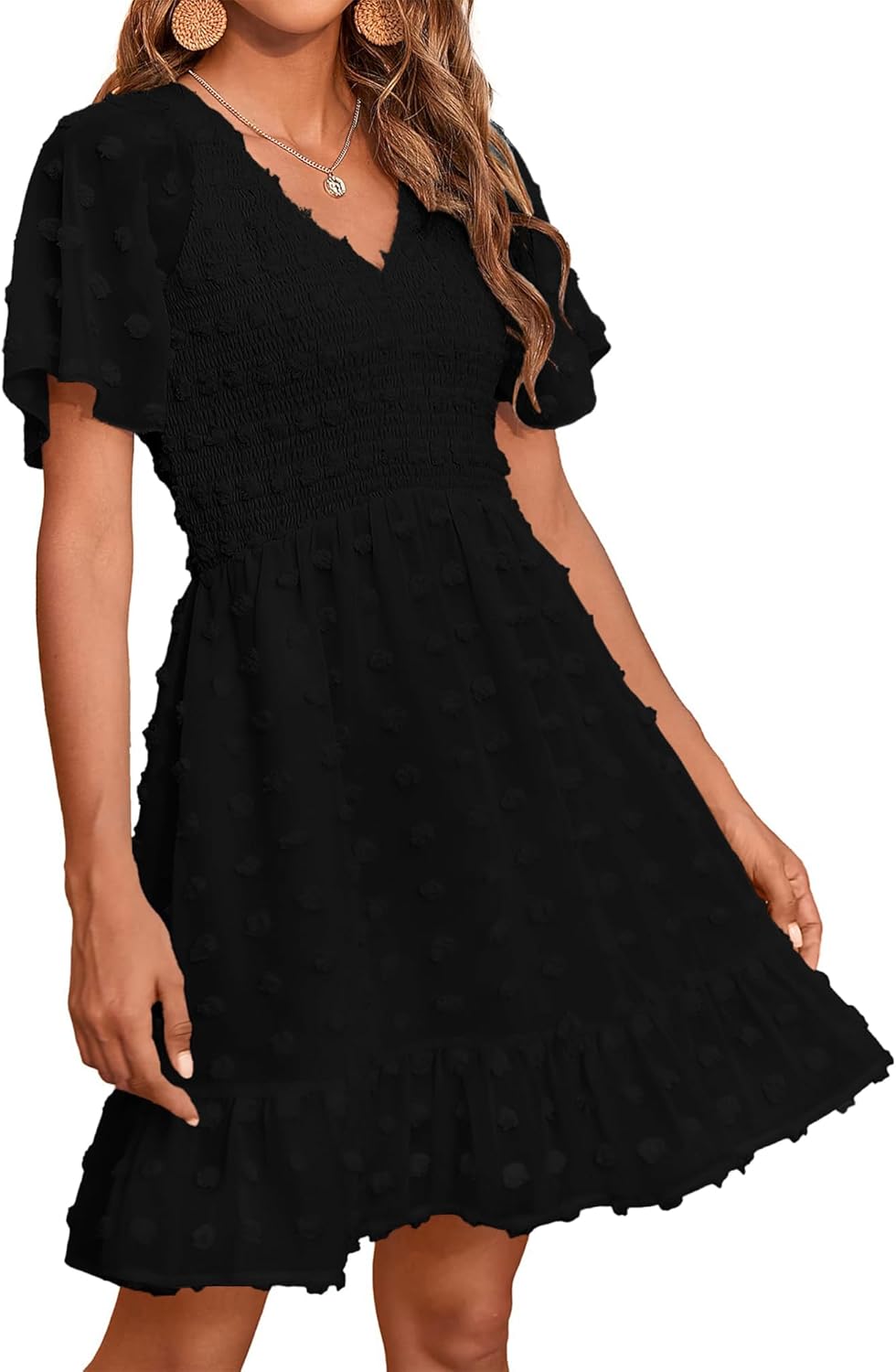 Womens Beach Vacation Dress V Neck Short Sleeve Ruffle Mini