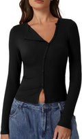 Womens Ribbed Crewneck Long Sleeve Top with Upper Button - Pastel Chic
