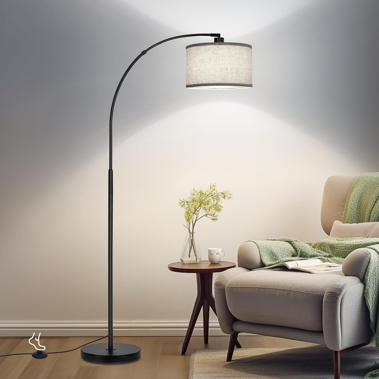 Black Arc Floor Lamp for Living Room with Adjustable Shade