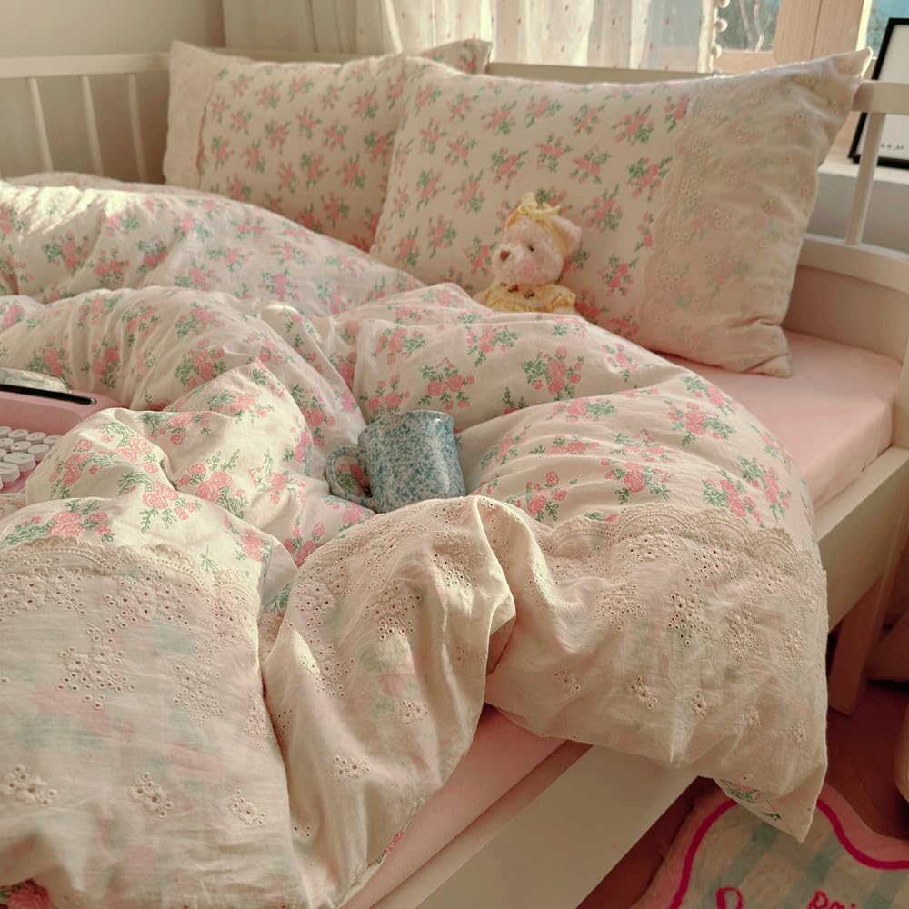 Pink Rose Flower Duvet Cover Queen with Lace Edge for Girls