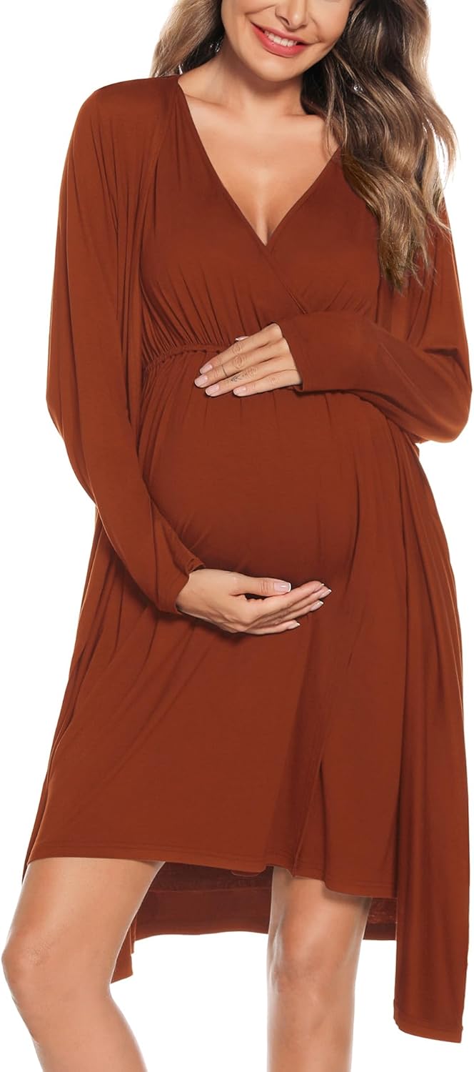 SWOMOG Women Maternity Nursing Gown and Robe Set for Comfort