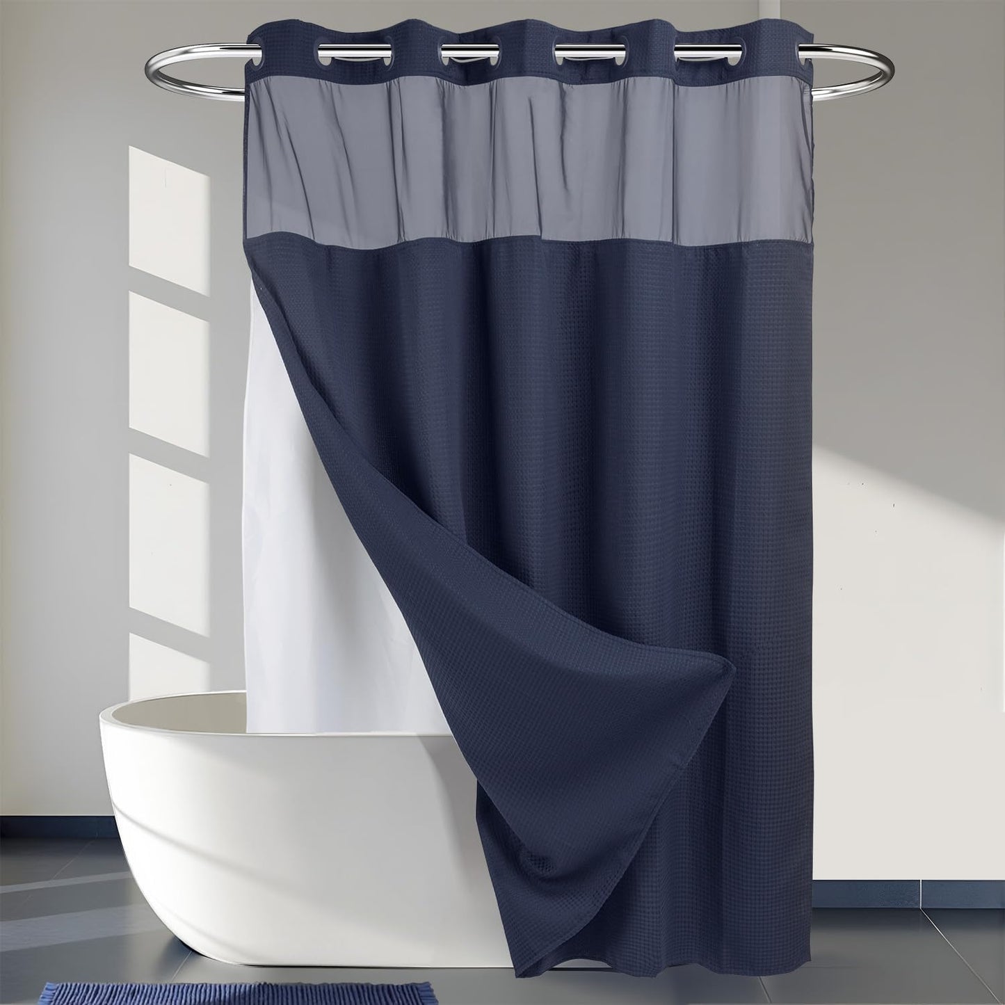 Heavyweight Navy Blue Shower Curtain with Snap in Liner for Spa