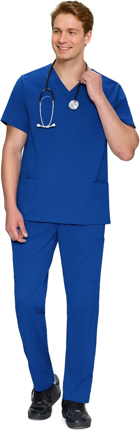 COZYFIT Men's Scrubs Set with V-Neck Top and 11 Pockets