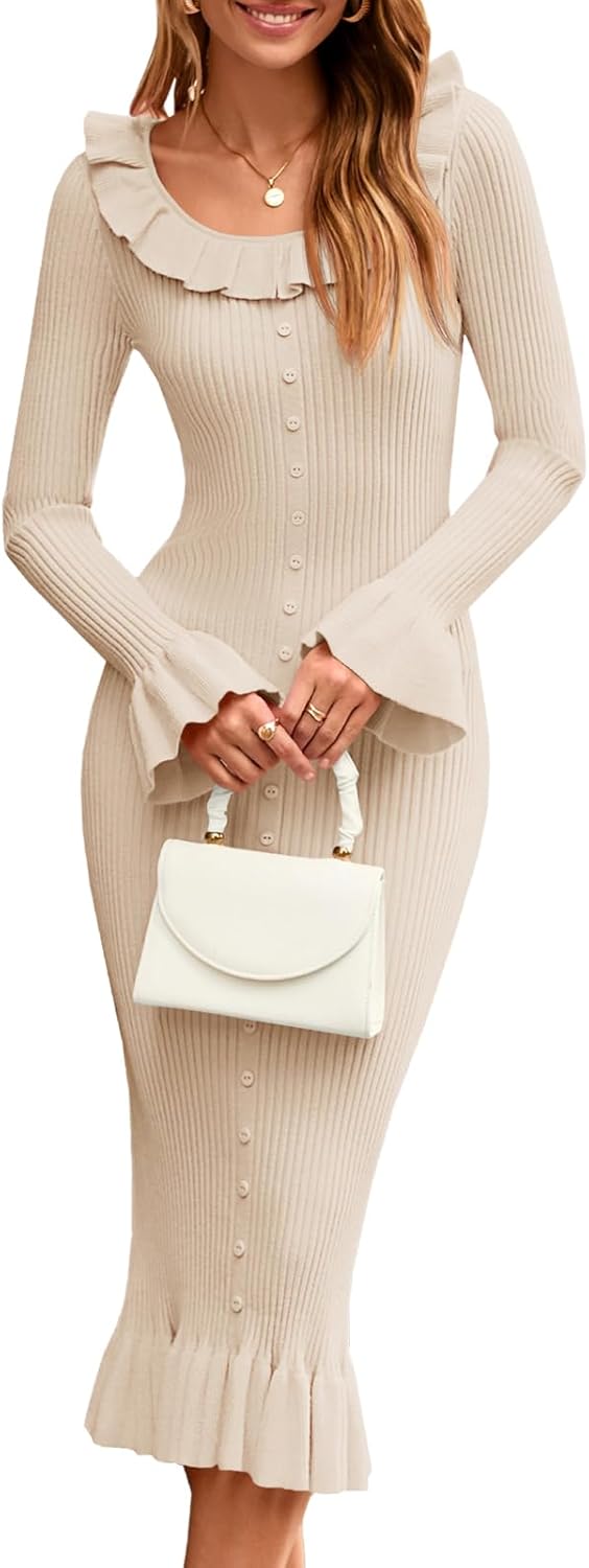 Womens Bell Long Sleeve Sweater Dress with Ruffle Details