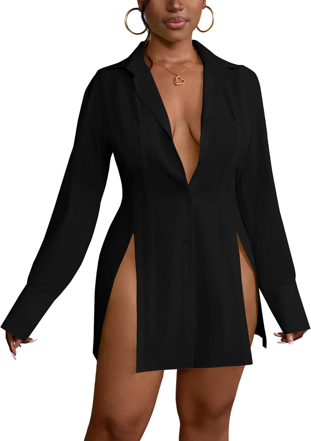 LYANER Women's Sexy V Neck Long Sleeve Button Down Shirt Dress