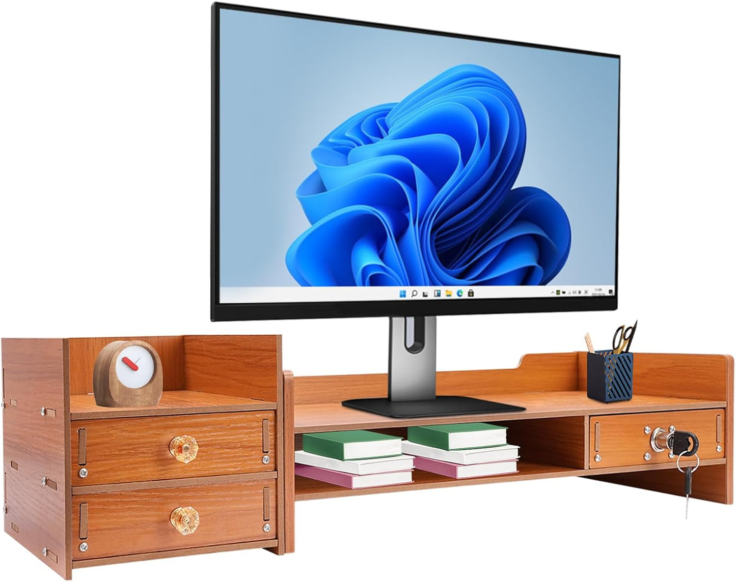 Organize with Ease: Wood Monitor Stand with 3 Drawers