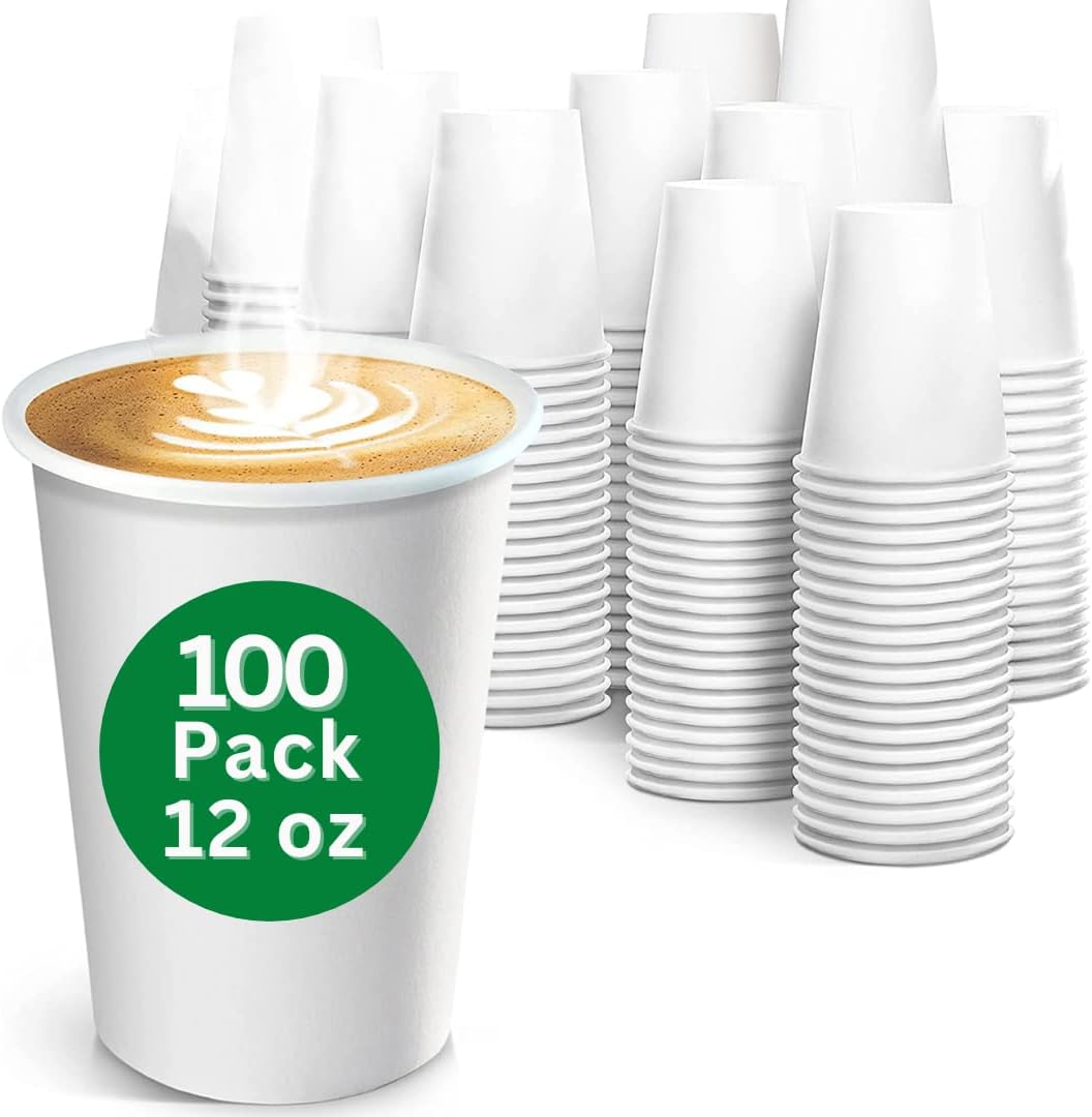 100 Pack Disposable Coffee Cups | Thick 350gsm Paper | Heavy Duty | Amaxe Direct