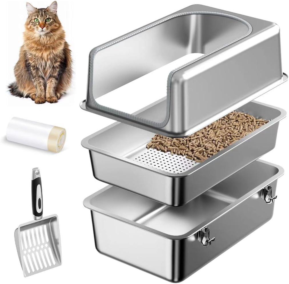 Stainless Steel Sifting Litter Box for Easy Odor Control and Cleanup
