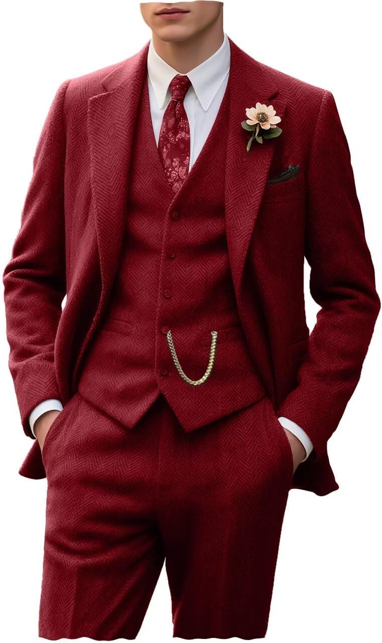 Retro Tweed Men's Suit 3 Piece Slim Fit Herringbone Tuxedo Set