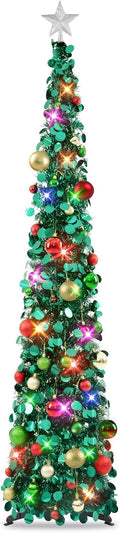 Pop Up Christmas Tree with Lights & 40 Balls - 6ft Skinny Tinsel Tree