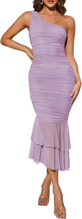 One Shoulder Summer Dress Midi - Flattering Ruched Bodycon Dress