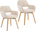 Beige Mid Century Dining Chairs Set of 2 - Comfy Upholstered Accent
