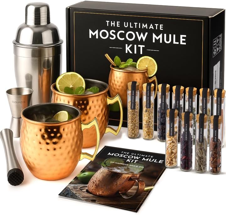 Moscow Mule Kit Gift Set with Copper Mugs and Botanicals