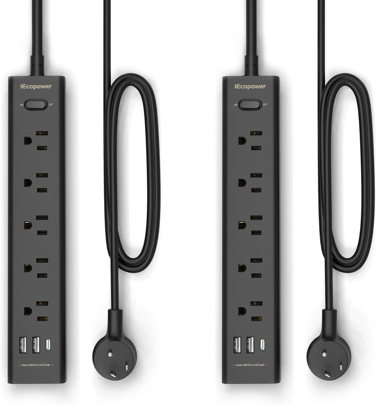 IECOPOWER 10FT Surge Power Strip | 5 Outlets, 3 USB Ports | 10A Extension | Home/Office, 700 J | Black (2 Pack)