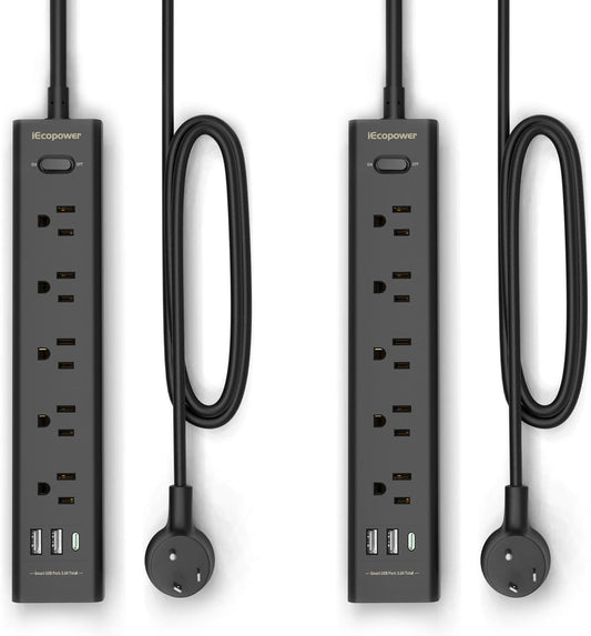 IECOPOWER Surge Protector 2-Pack: 5 Outlets + 3 USB Ports!