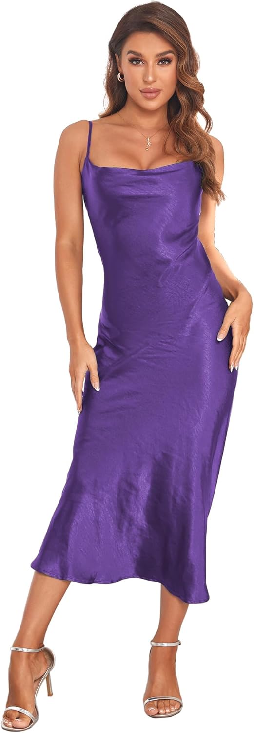 Women's Spaghetti Strap Midi Satin Silk Dress for Parties
