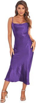 Women's Satin Spaghetti Strap Midi Dress - Cowl Neck Party Slip