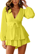 Relipop Womens Floral Romper V Neck Long Sleeve Ruffle Hem - Vacation