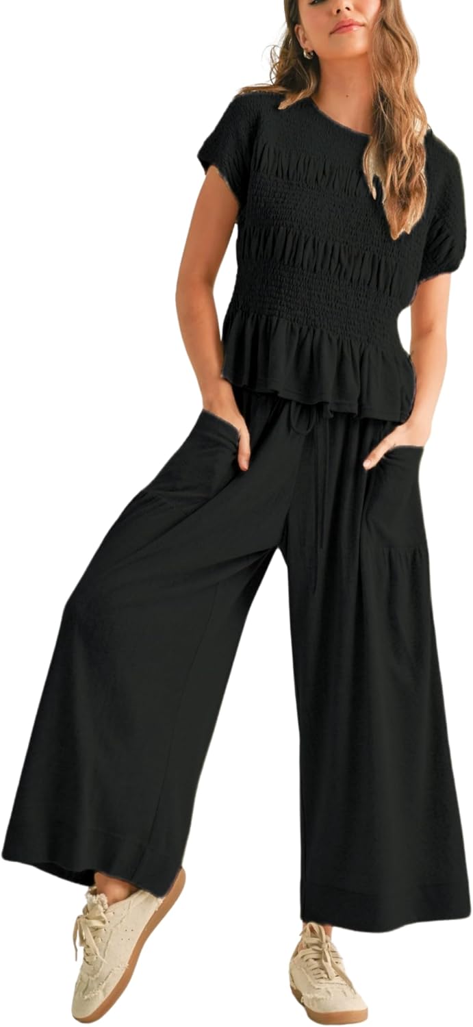 Womens 2 Piece Smocked Top Wide-Leg Pants Set for Casual Style