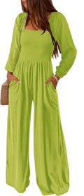 Womens Casual Square Neck Long Sleeve Jumpsuit - Loose Smocked Fit is