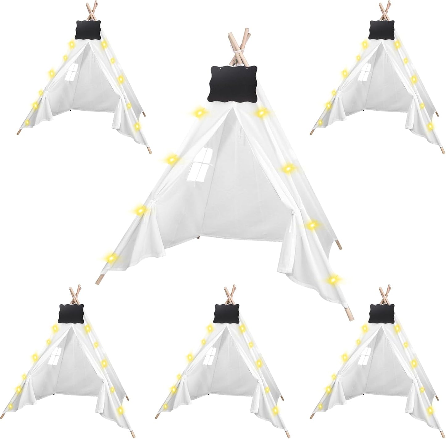 6pc Teepee Set with Small Blackboards & String Lights - Dreamy Play Tent for Kids
