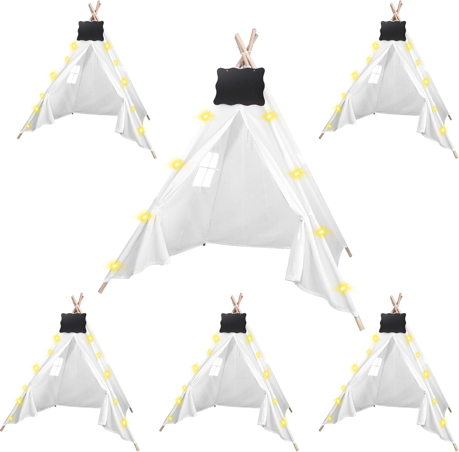 6pc Teepee Set with Small Blackboards & String Lights - Dreamy Play Tent for Kids