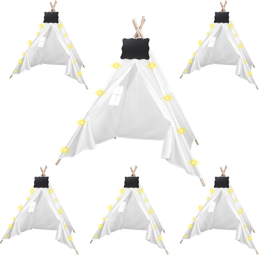 6pc Teepee Set with Small Blackboards & String Lights - Dreamy Play Tent for Kids