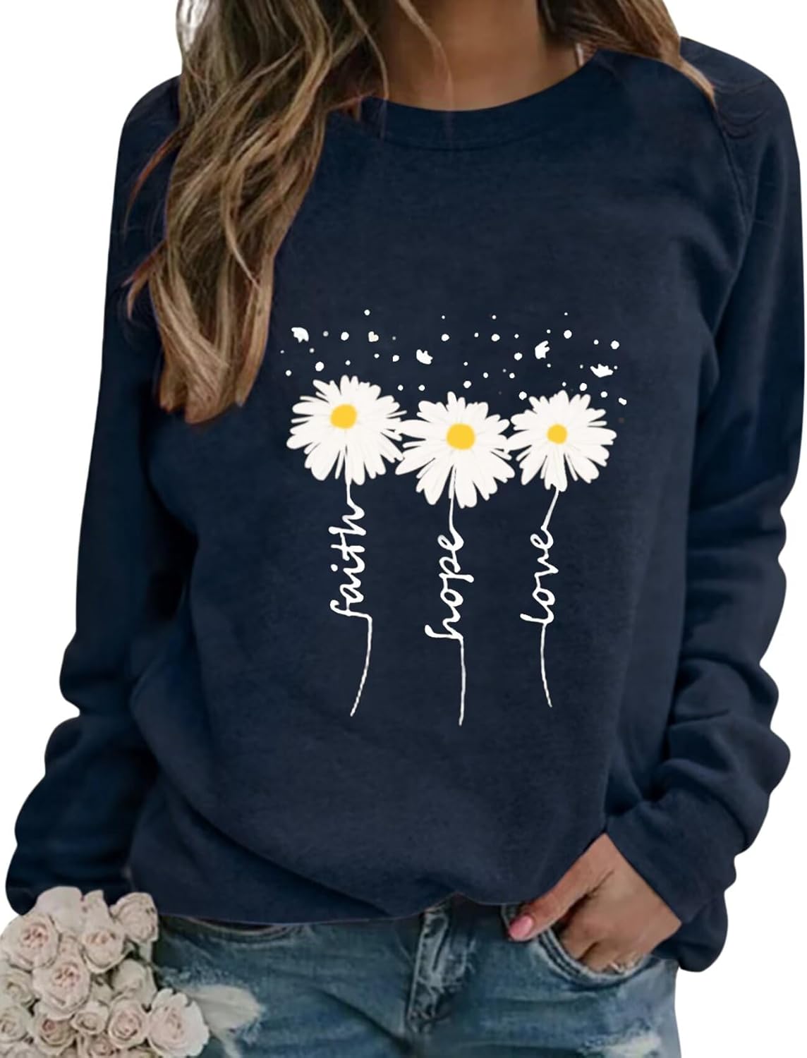 EADINVE Daisy Print Sweatshirt - Faith-Hope-Love Design