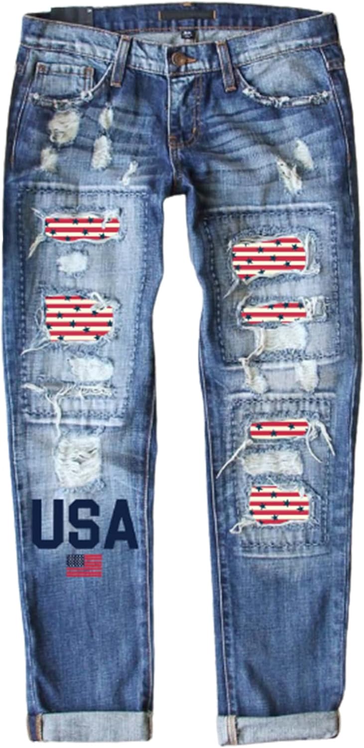 EVALESS Ripped Jeans for Women with Plaid Patch Design