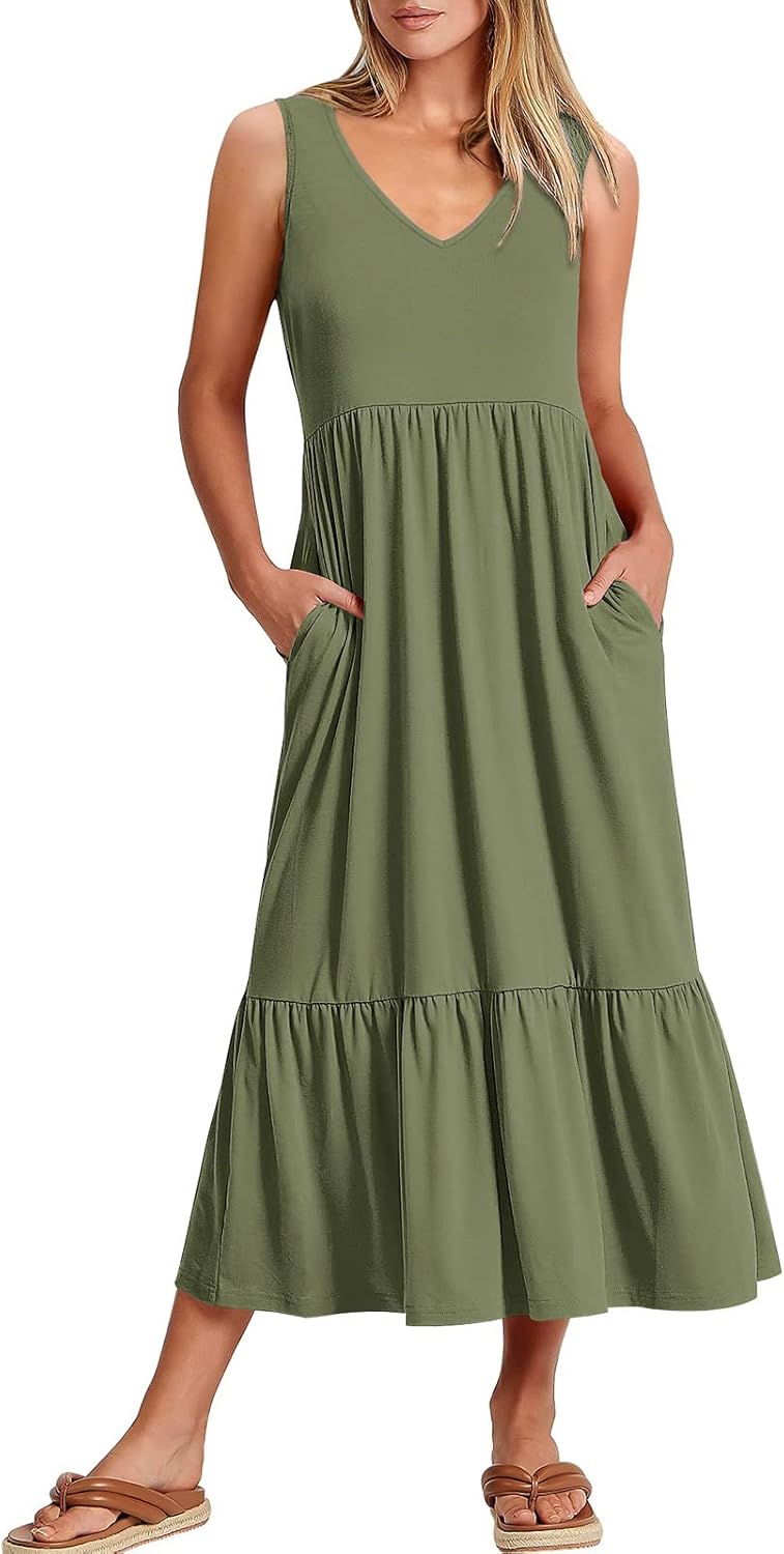 Womens Summer Maxi Dresses Fit & Flare Flowy V Neck Sleeveless