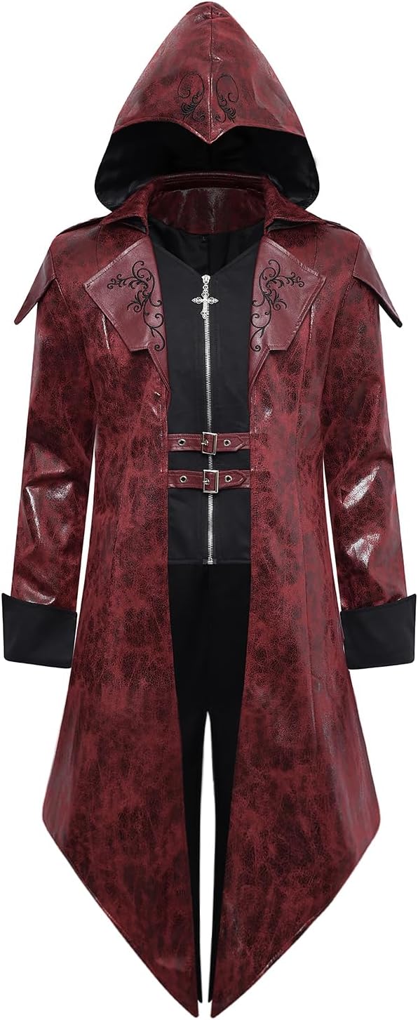 Men's Steampunk PU Leather Jacket with Hood for Gothic Style