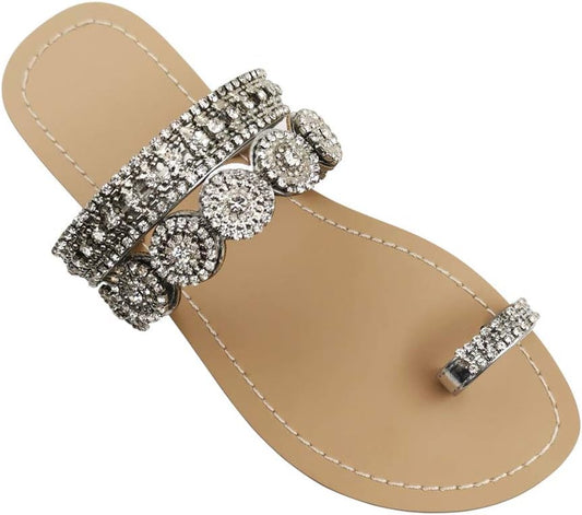 AIJIVOU Women's Rhinestone Flat Sandals for Summer Beach Fun