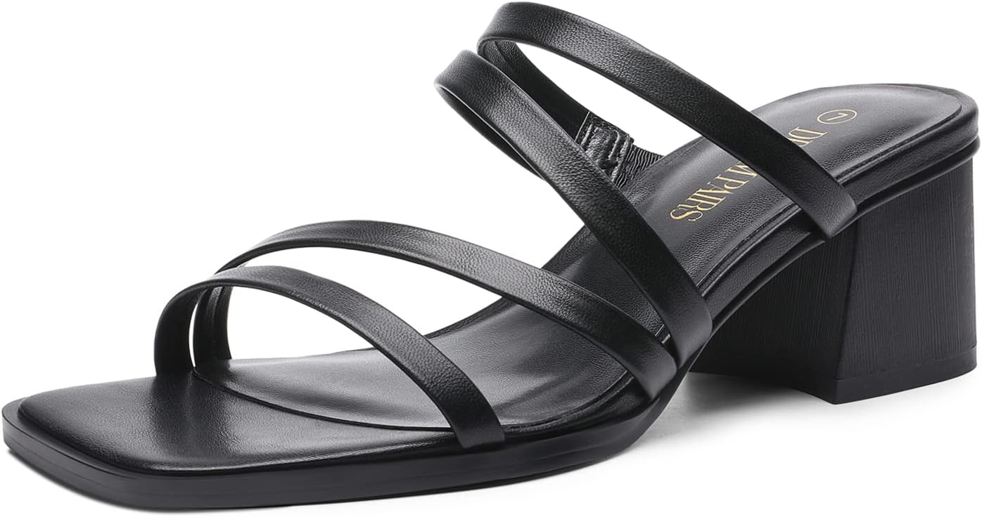 DREAM PAIRS Women's Strappy Heels Block Open Toe Chunky Mules