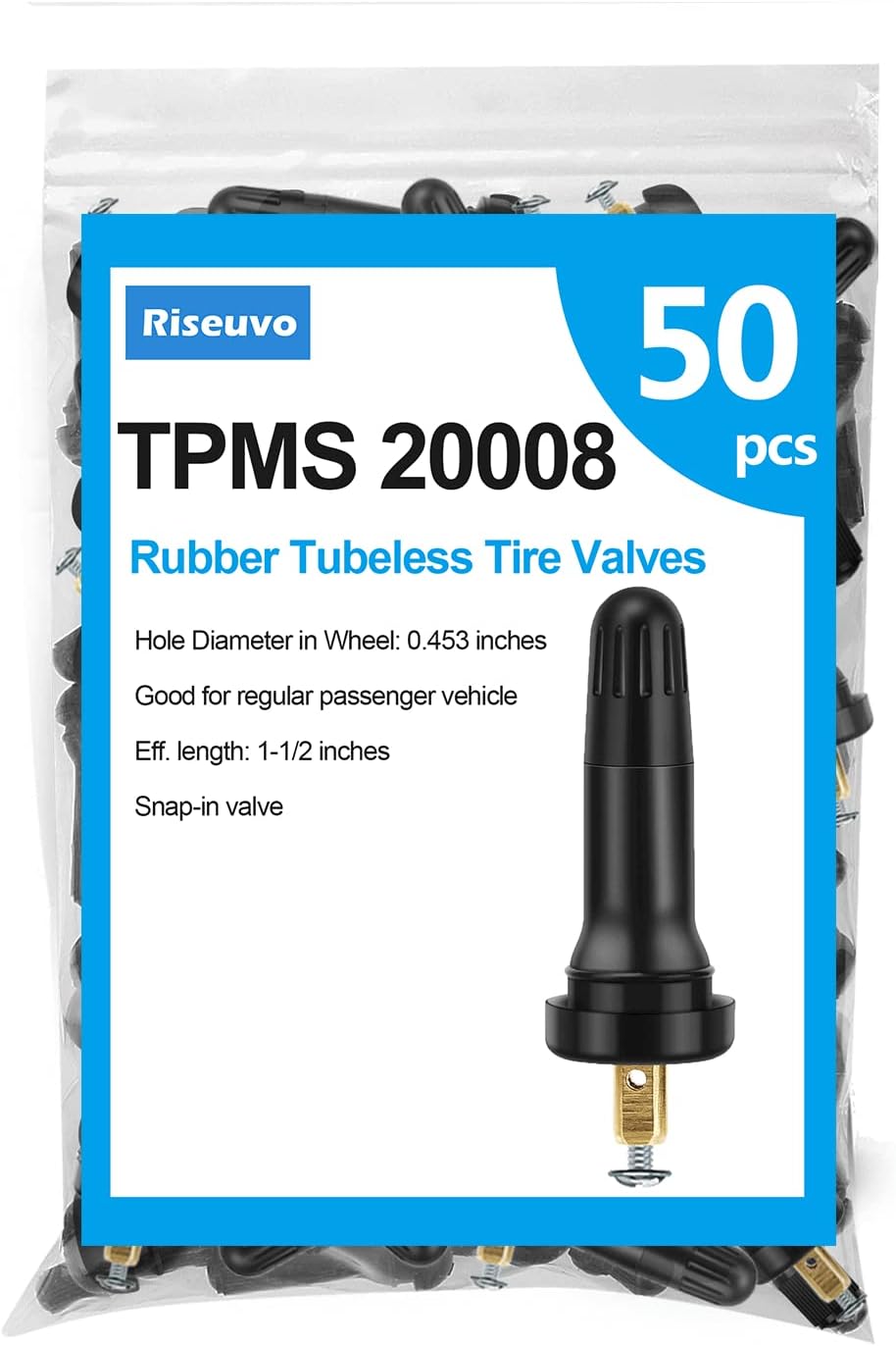 TPMS 20008 Rubber Valve Stems - 50 Pcs Snap-in Replacement