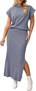 Pink Queen Womens 2 Piece Knit Maxi Skirt Set - Summer Cap Sleeve