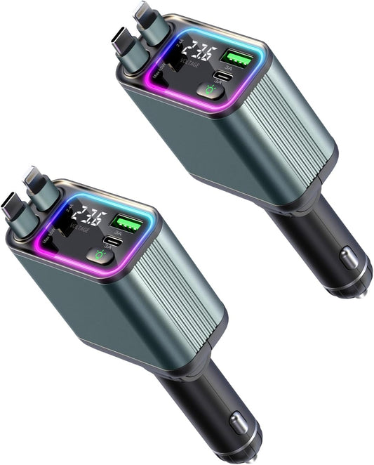 4 in 1 Retractable Car Charger with RGB Light for Fast Charging