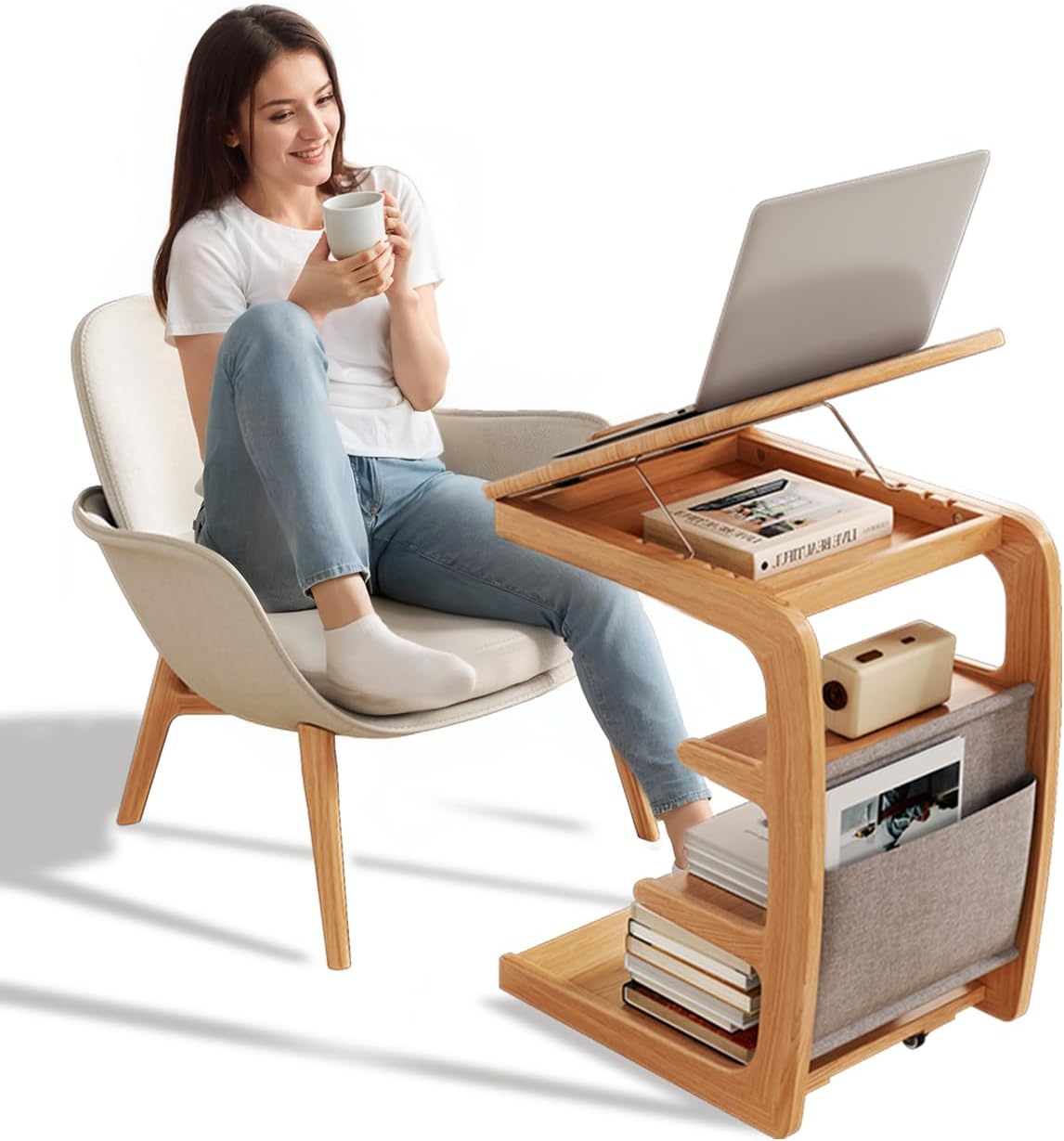 Rolling C-Shaped End Table w/ Storage - Natural