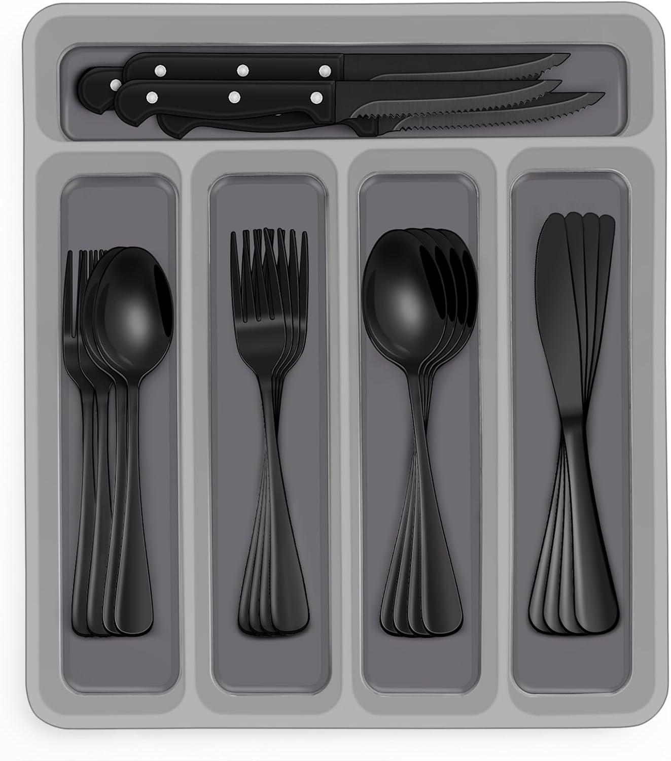 48-Piece Black Silverware Set with Organizer for 8 People