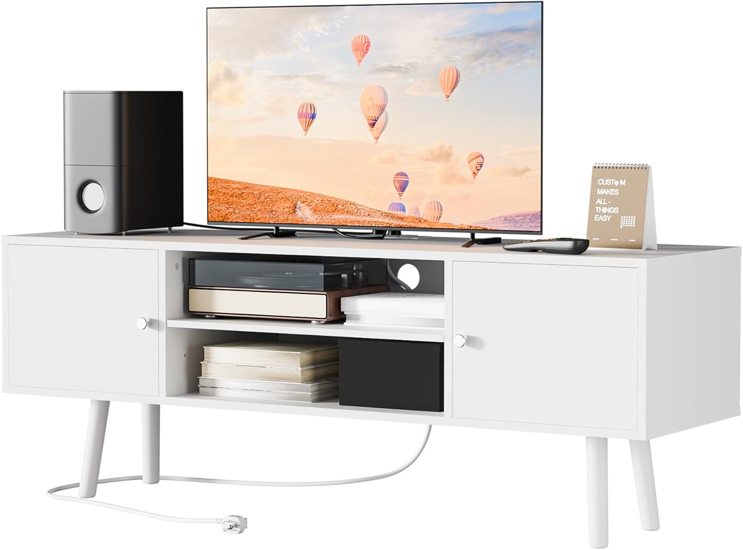 Cozy Castle Modern TV Stand: 2 Cabinets, Power Outlets