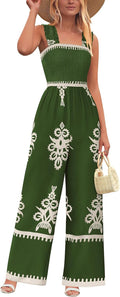 PRETTYGARDEN Womens Shirred Strap Wide Leg Jumpsuit - Casual Boho Fit