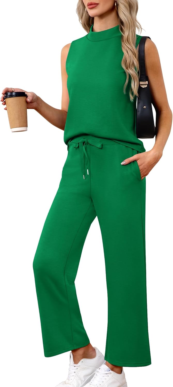 Women's Summer 2 Piece Outfits Mock Neck Tank Top Lounge Set