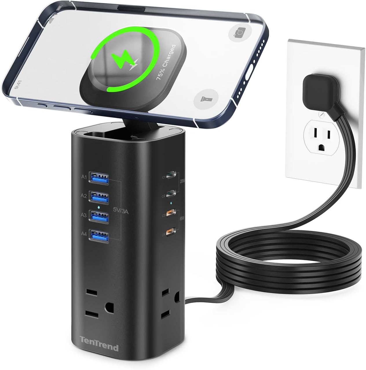 Flat Plug Surge Protector Tower with 3 AC Outlets & 8 USB Ports