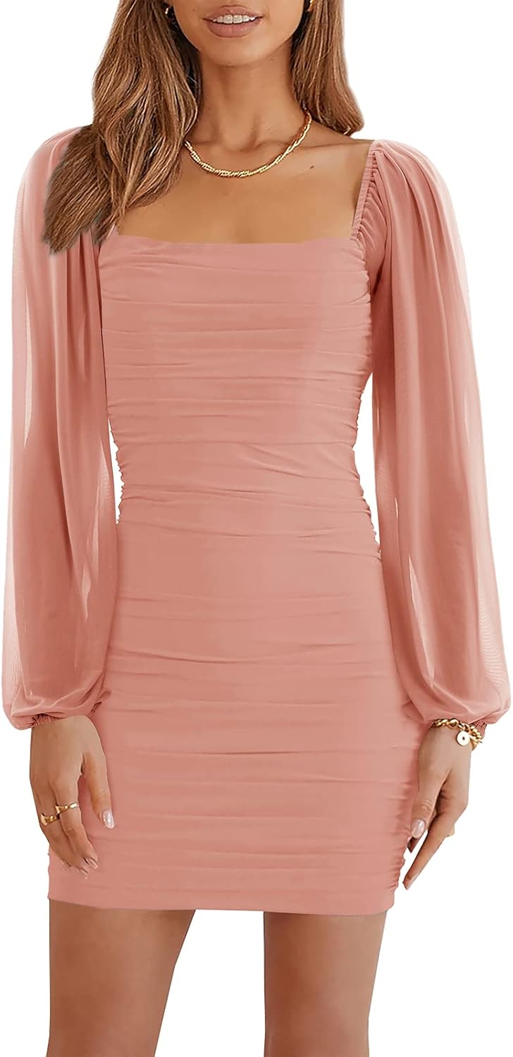 Wenrine Women's Mesh Long Sleeve Square Neck Bodycon Dress