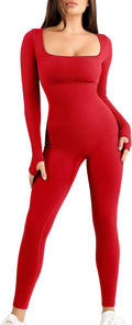 Popilush Jumpsuit Long Sleeve Built-In Bra Bodycon Leggings Women's