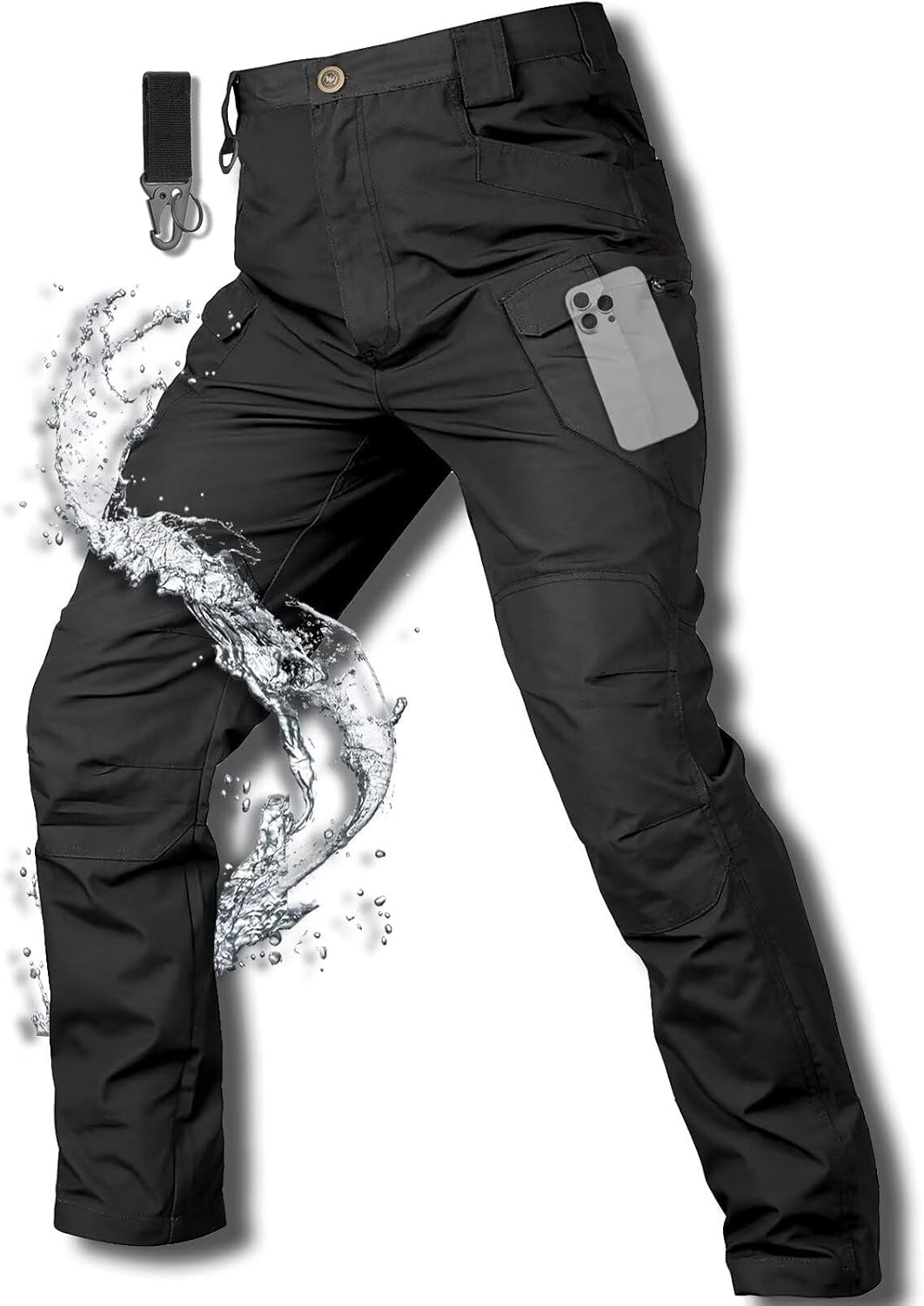 WOSONG Men's Cargo Pants: 10-Pocket Tactical with Carabiner, Water-Resistant & Lightweight