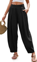 Womens Linen Harem Pants with Wide Waistband - Lightweight Summer