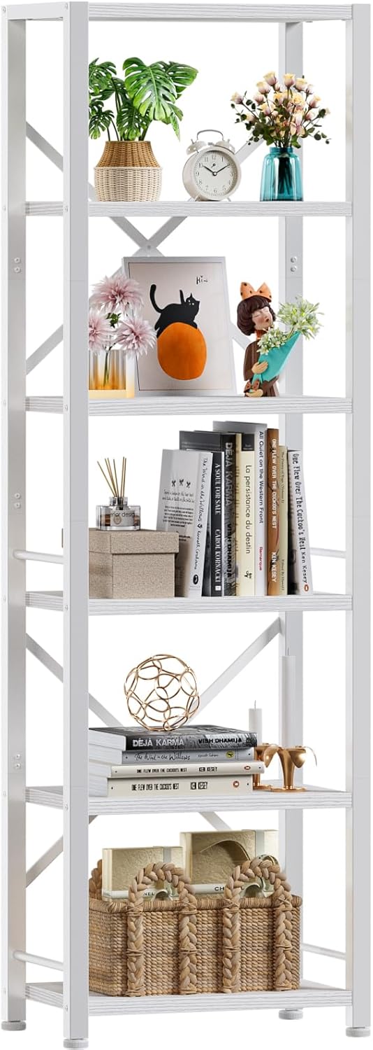 Furologee White Tall Bookshelf - Modern 6 Shelf Bookcase