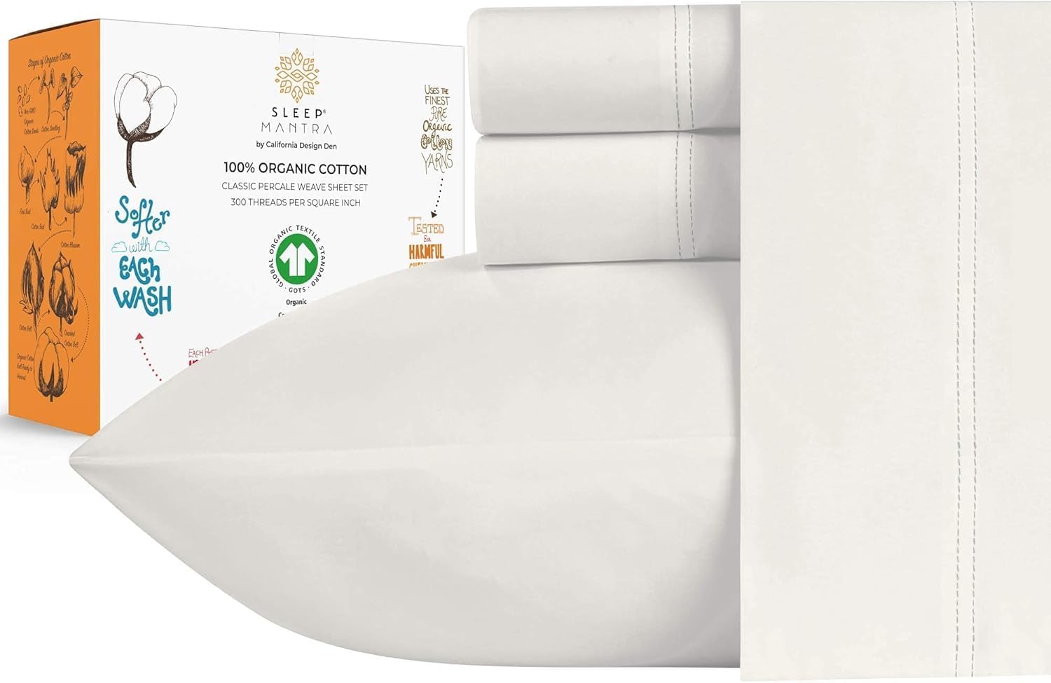 Organic Cotton Queen Bed Sheet Set - Soft Percale Weave - 4 Piece
