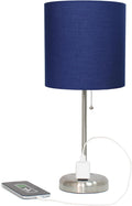 Two Pack Brushed Steel Table Lamps with Charging Outlet - Navy Shades